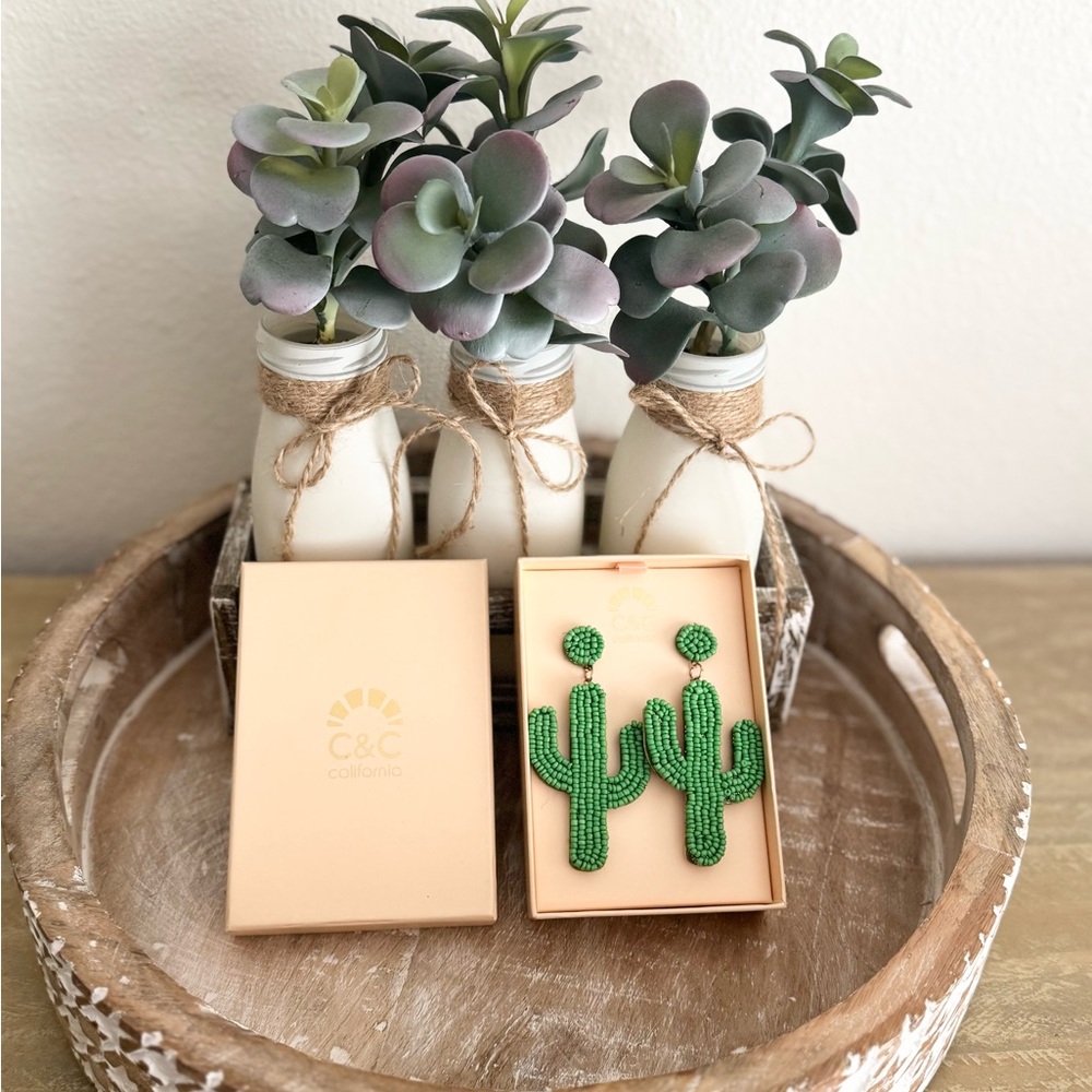 C&C California Vibrant Green Beaded Cactus Earrings - Picture 3 of 3